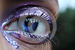 close view of woman\'s eye with purple decorative art makeup on her face