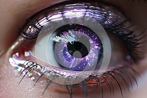 close view of woman\'s eye with purple decorative art makeup on her face