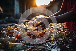 Close view womans hand discards plastic bottle in recycling bin, supporting sustainability
