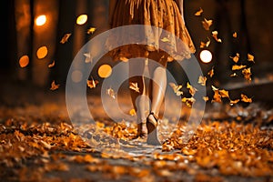 close view of women\'s legs from behind walking along a wet autumn city street with flying yellow leaves, rainy weather with