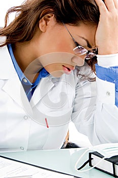 Close view of young stressed medical professional