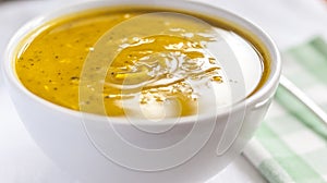 Close of white bowl with cabotia pumpkin soup