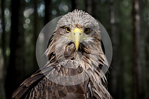 Close White-tailed eagle portrait in dark forest