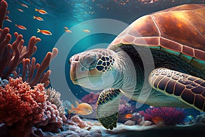 Close wild turtle floating over beautiful natural ocean background, with sunlight through water surface, Generative AI