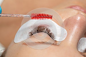 Close Woman Eye with Eyelashes Extension with eyepatch under eye and brush for care after beauty treatment