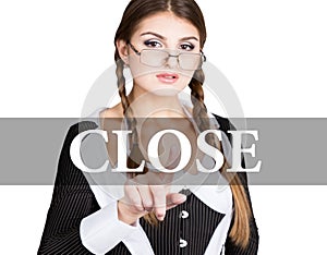 Close written on virtual screen. secretary in a business suit with glasses, presses button on virtual screens