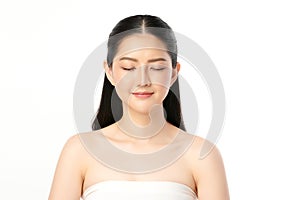 Close your eyes., Beautiful young asian woman with clean fresh skin on white background, Face care, Facial treatment, Cosmetology