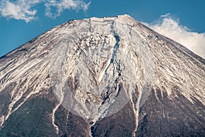 Close zoom detail of Mount Fuji top covered with snow.