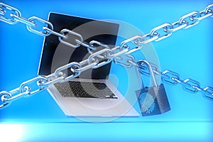closed access to information. laptop and steel chains with padlock on which the handglass of the finger. 3D render photo