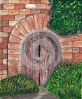 Closed arch ancient wooden door on stone wall and greenery. Hand painted watercolor illustration