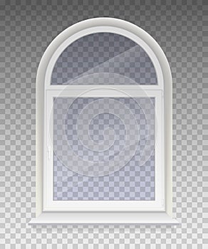 Closed arched window with transparent glass in a white frame. Isolated on a transparent background. Vector