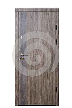 Closed armored door isolated at white background. Image of a closed door. Entrance to apartment. Brown wood veneer front door for