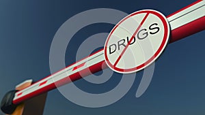 Closed barrier gate with NO DRUGS sign. Conceptual 3D rendering