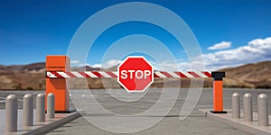 Closed barrier gate and stop sign, blue sky background. 3d illustration