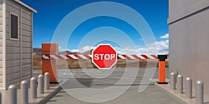 Closed barrier gate and stop sign, blue sky background. 3d illustration