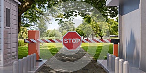 Closed barrier gate and stop sign, green nature background. 3d illustration