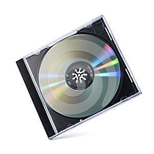 Closed black plastic disc box case CD jewel with silver disk isolated on white