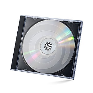 Closed black plastic disc box case CD jewel with silver disk isolated on white