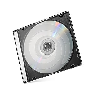 Closed black plastic disc box case CD jewel with silver disk isolated on white