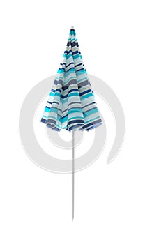 Closed blue striped beach umbrella isolated on white