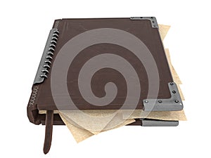 Closed book in leather cover on isolated white background. 3d illustration