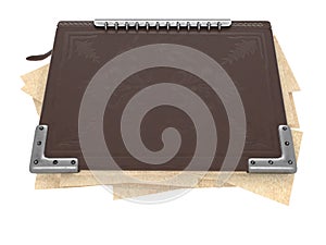 Closed book in leather cover on isolated white background. 3d illustration