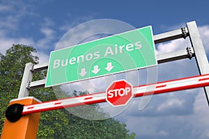 Closed boom barrier near Buenos Aires, Argentina road sign. Coronavirus or some other disease quarantine related 3D