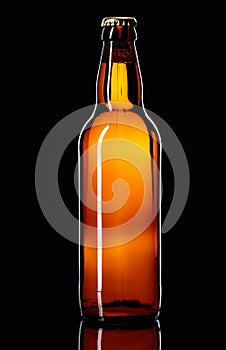 Closed bottle of beer on a black background.