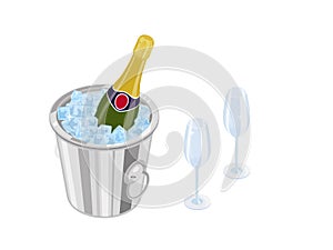 Closed bottle of champagne in a bucket with ice and two empty glasses