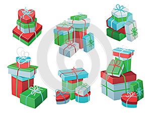 Hand drawn vector illustrations of piles of simple closed wrapped gift boxes in christmas themed colors.