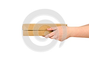 closed brown cardboard box in hands isolated on white background. ecolog delivery concept