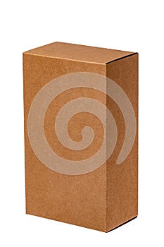 Closed brown cardboard box or kraft paper box with clipping path isolated on white background. Suitable for packaging. Macro