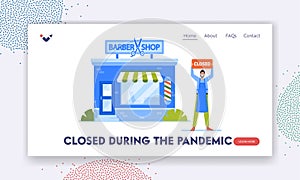 Closed Business Bankrupt Closing during Pandemic Landing Page Template. Enterprise Owner Character in Mask with Sign