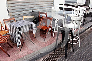 A closed cafe before Shabbat near a cafe in the Carmel market area in Tel Aviv, Israel.