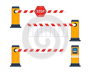 Closed car barriers with stop sign. Automatic parking gate barrier. Vector illustration