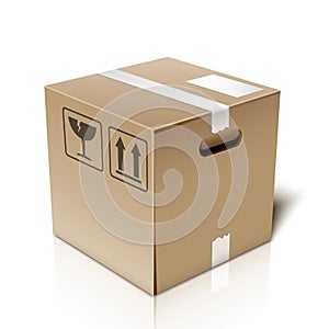 Closed cardboard box icon with packaging symbols