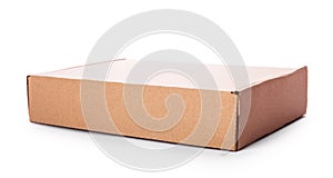 Closed cardboard box isolated on white background. Carton delivery packaging, three recycling brown boxes