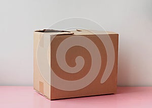 A closed cardboard box stands on a white background. The concept of parcel and delivery