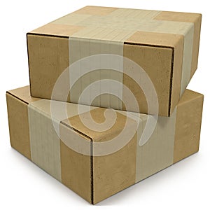 Closed cardboard box taped up and isolated on a white. 3D Illustration