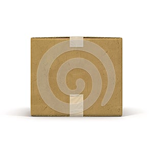 Closed cardboard box taped up and isolated on a white. 3D Illustration