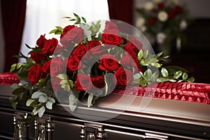 closed casket adorned with a red rose bouquet