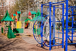 Closed children`s playground. COVID-19 security and protection measures in the city par