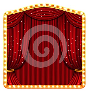 Closed cinema curtain. Luxury red folded drapery