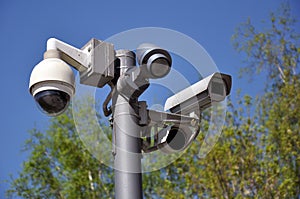 Closed circuit camera Multi-angle CCTV system against the blue sky