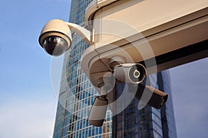 Closed circuit camera Multi-angle CCTV system against the blue sky