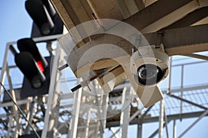 Closed circuit camera Multi-angle CCTV system. on the background of railway traffic lights