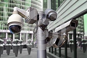 Closed circuit camera Multi-angle CCTV system on the background of the urban environment