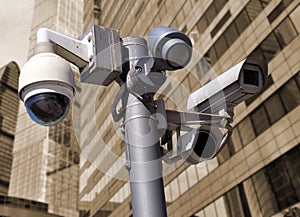 Closed circuit camera Multi-angle CCTV system on the background of the urban environment