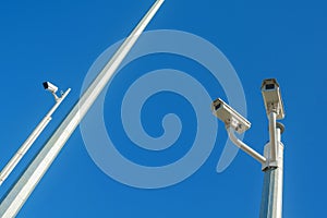 Closed circuit television cameras against a clear blue sky
