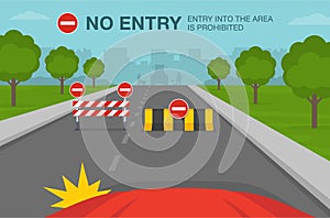 Closed city road with transportable variable message sign. No entry road or traffic sign meaning.